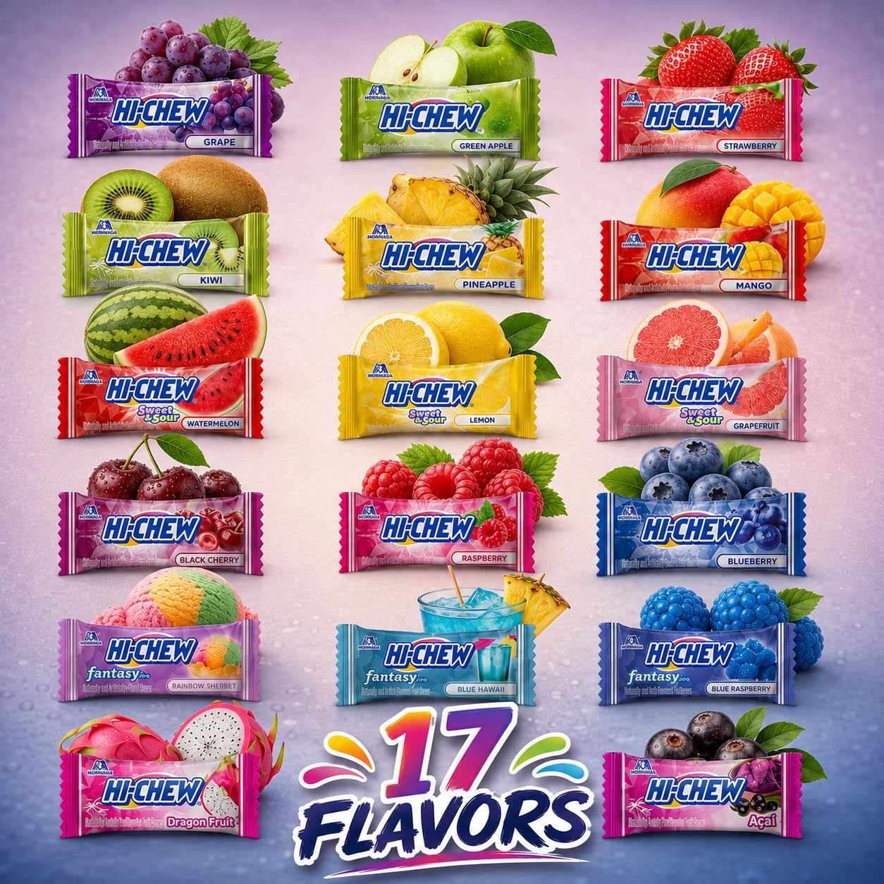 HI-CHEW assorted flavors displayed to show variety and vibrant fruit appeal