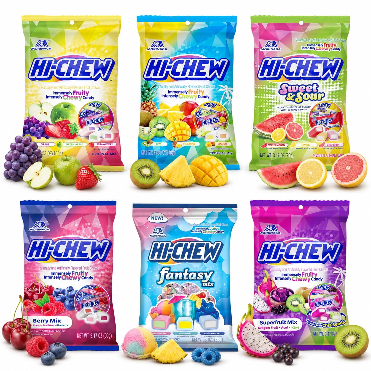 HI-CHEW front packaging showing six colorful flavor bags for easy grab-and-go
