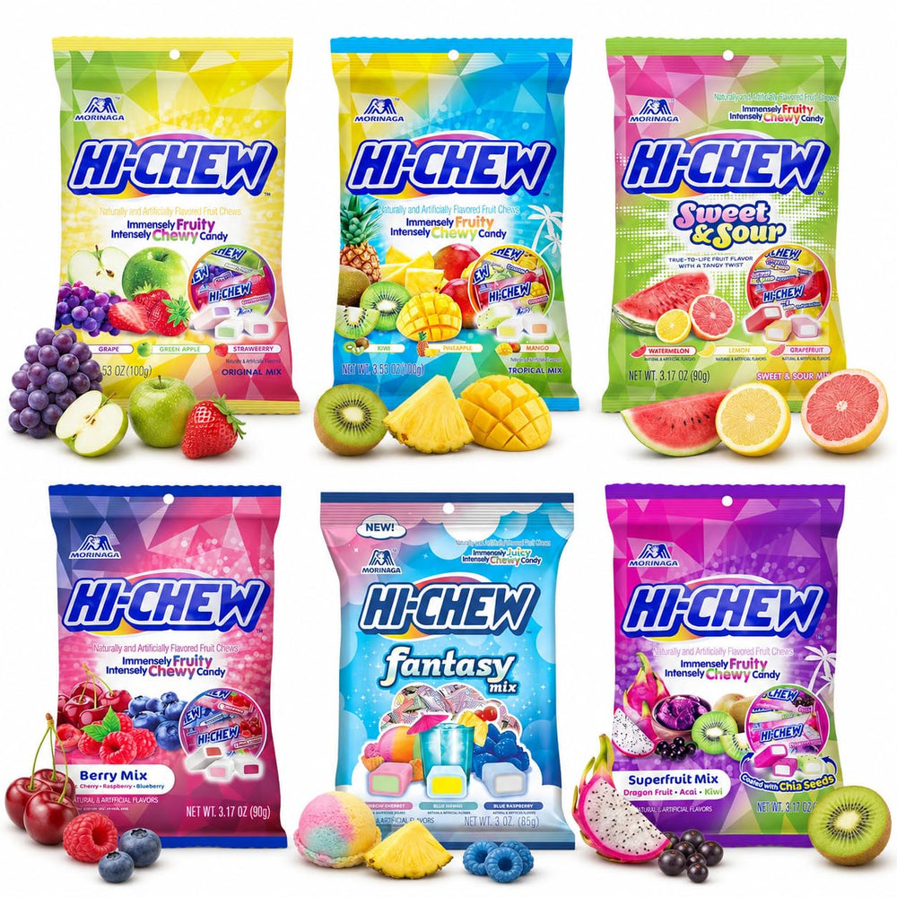 HI-CHEW front packaging showing six colorful flavor bags for easy grab-and-go