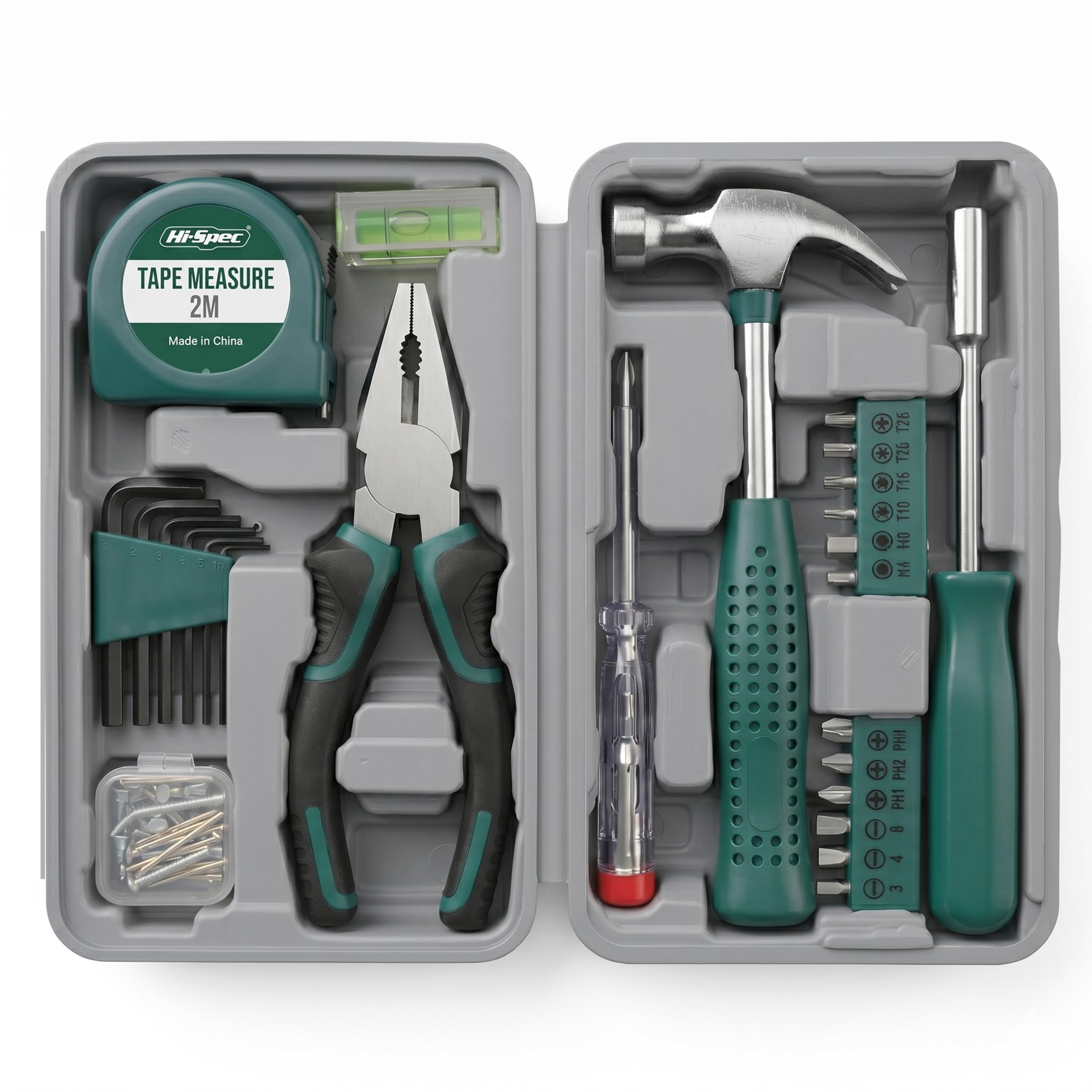 Hi-Spec front case view showing compact green portable storage and easy access benefit