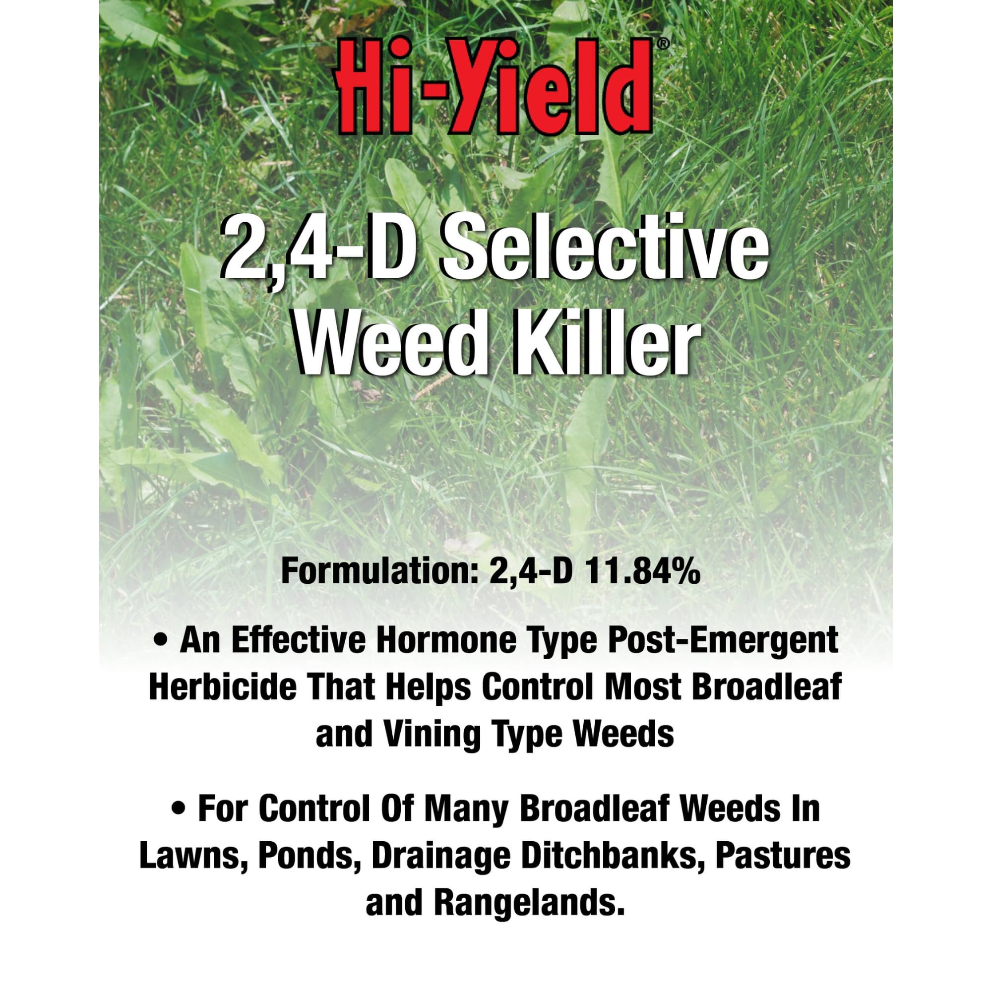 Hi-Yield label close-up displaying active ingredient 2,4-D and application sites
