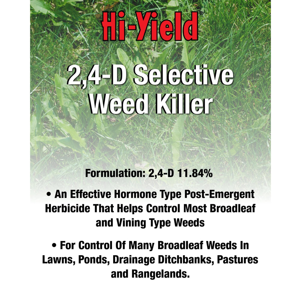 Hi-Yield label close-up displaying active ingredient 2,4-D and application sites