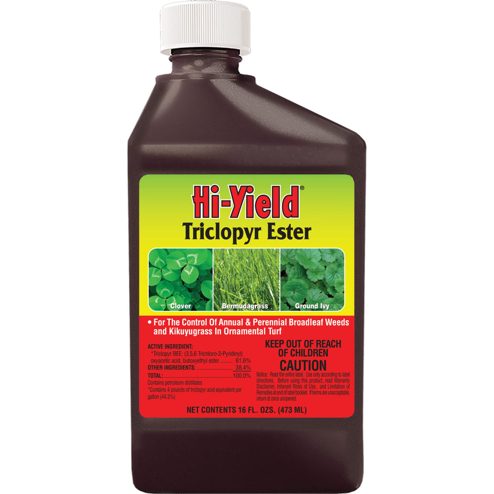 Hi-Yield bottle front label showing product and benefit for broadleaf weed control