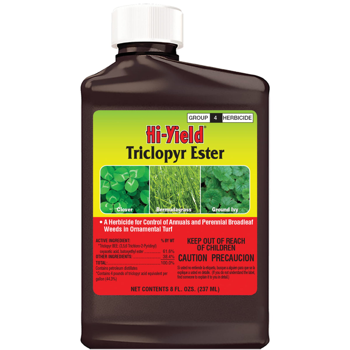 Hi-Yield bottle front label showing product and clear usage benefits for weed control