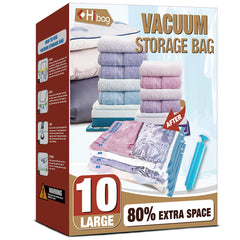 HIBAG front packaging view showing ten large vacuum bags and pump for organization