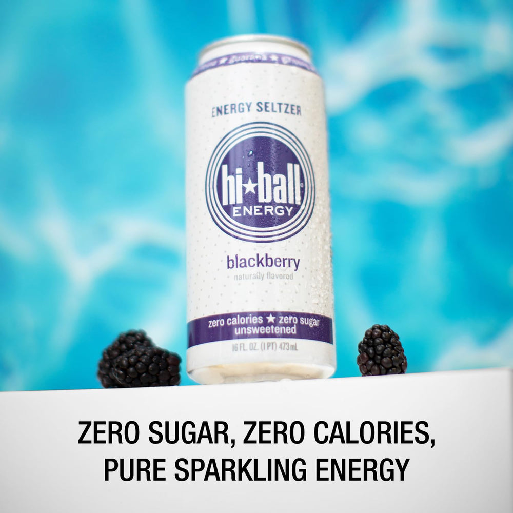 Hiball Blackberry close label detail highlighting organic caffeine and B vitamins