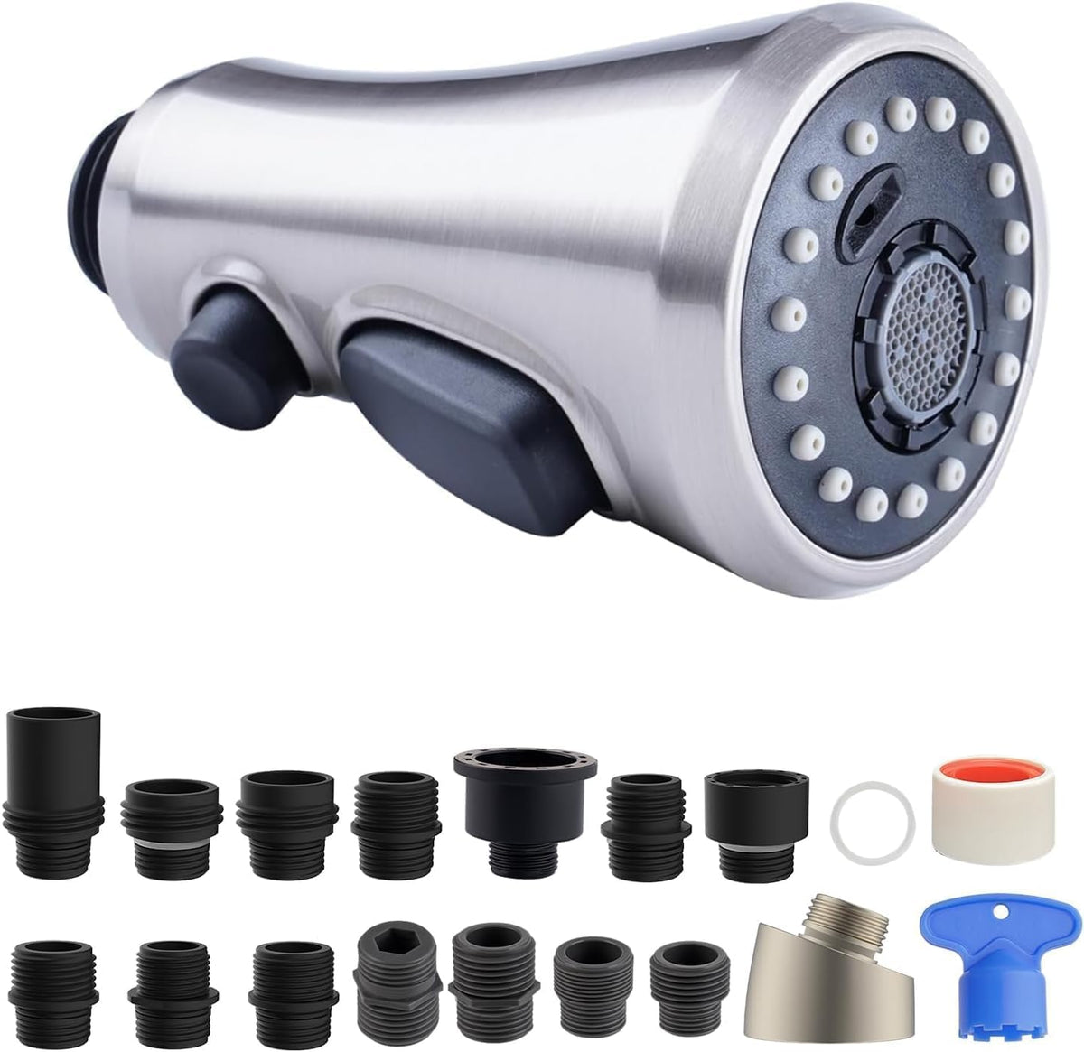Hibbent front view pull down head shows sleek finish and easy installation benefit
