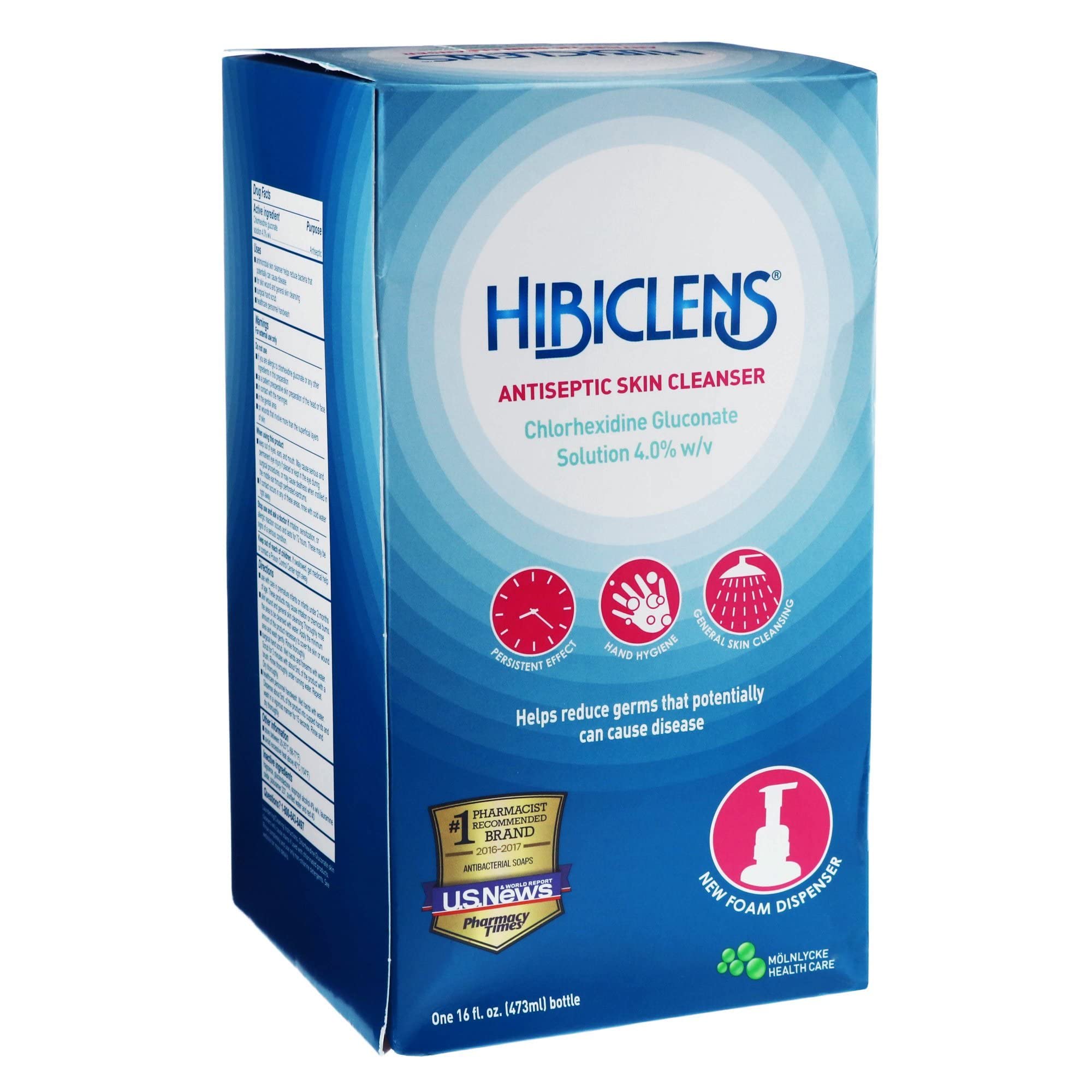 Hibiclens bottle beside hands demonstrating 16 oz scale and practical volume