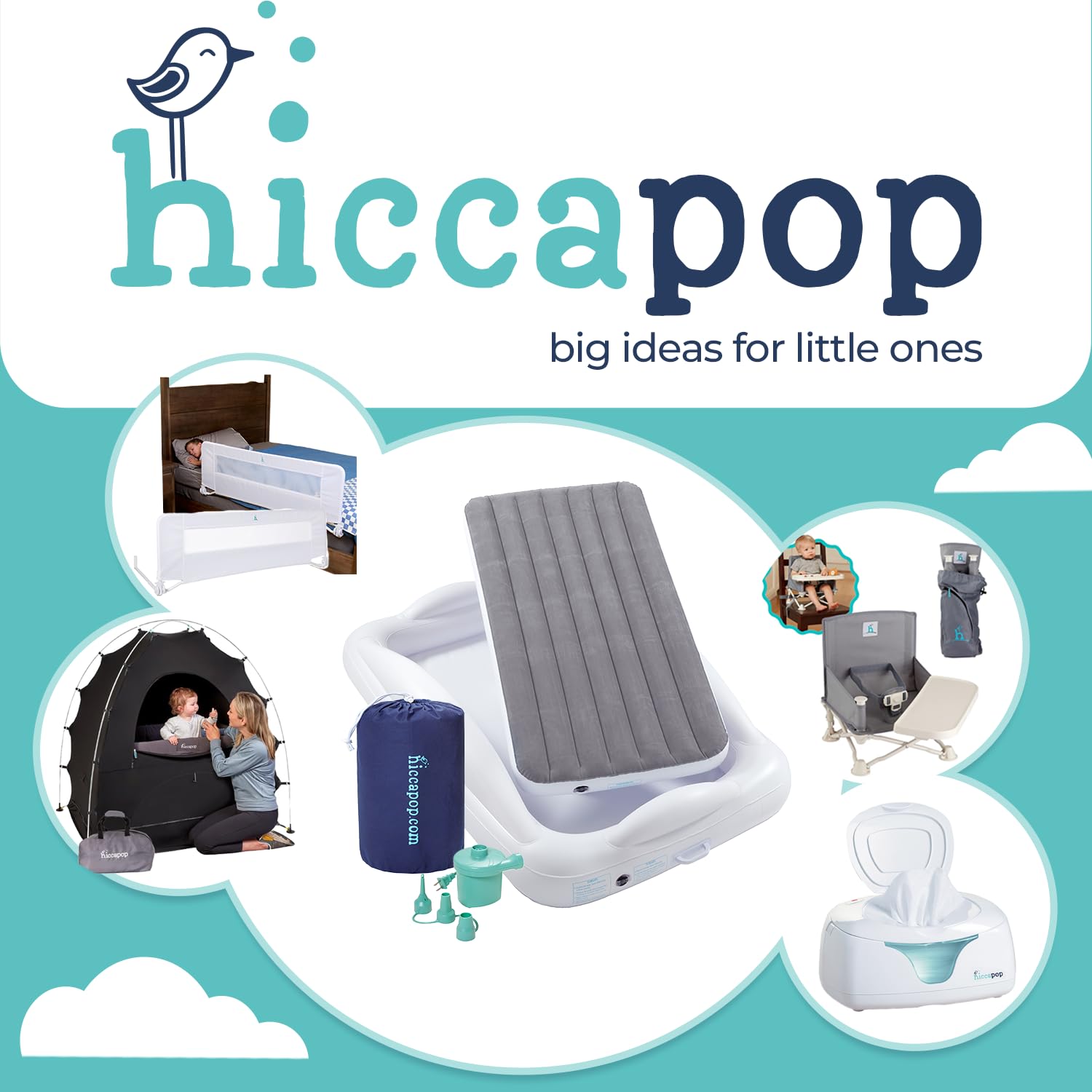Hiccapop turbo pump next to bed for fast under-30-second inflation