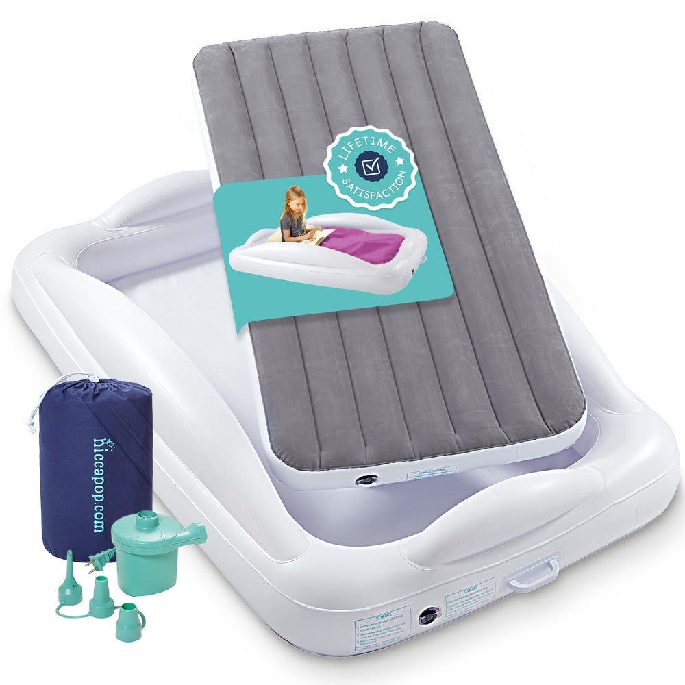 Hiccapop front view showing full grey travel bed for portable sleeping