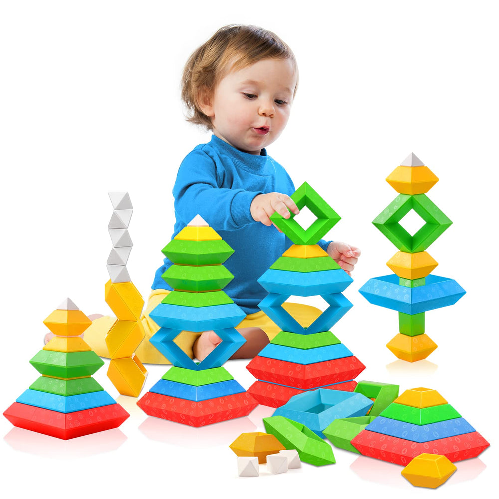 Hieoby front packaging showing 30 colorful stacking blocks and box benefit