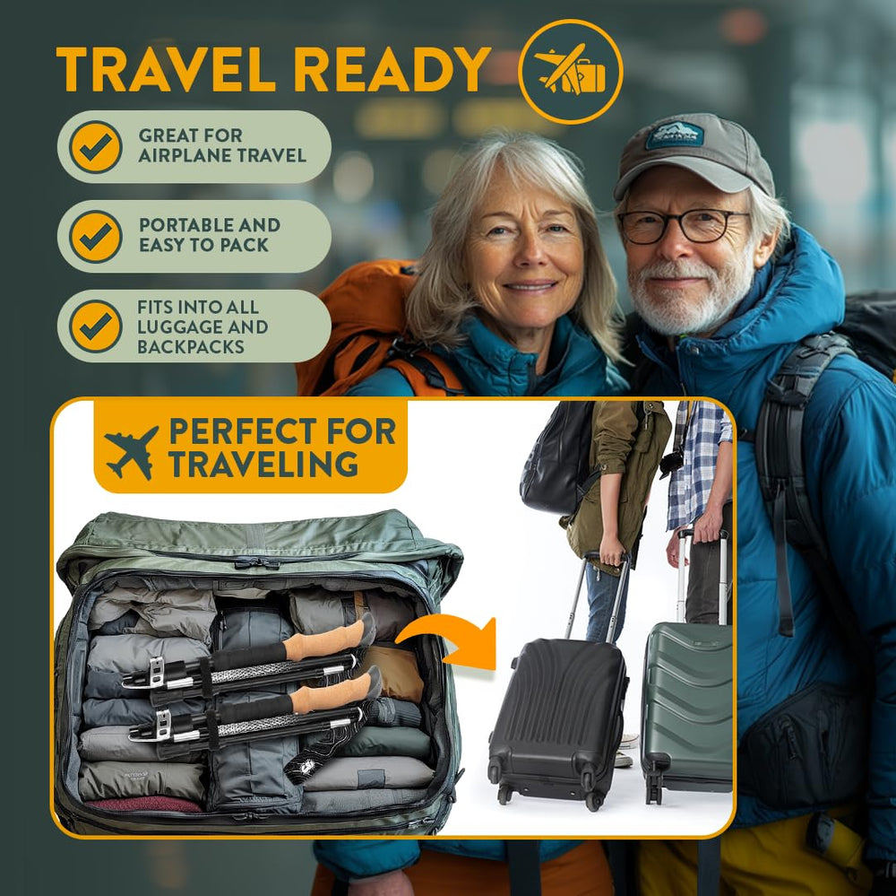 Hiker Hunger Outfitters poles beside backpack illustrating compact scale and packing benefit