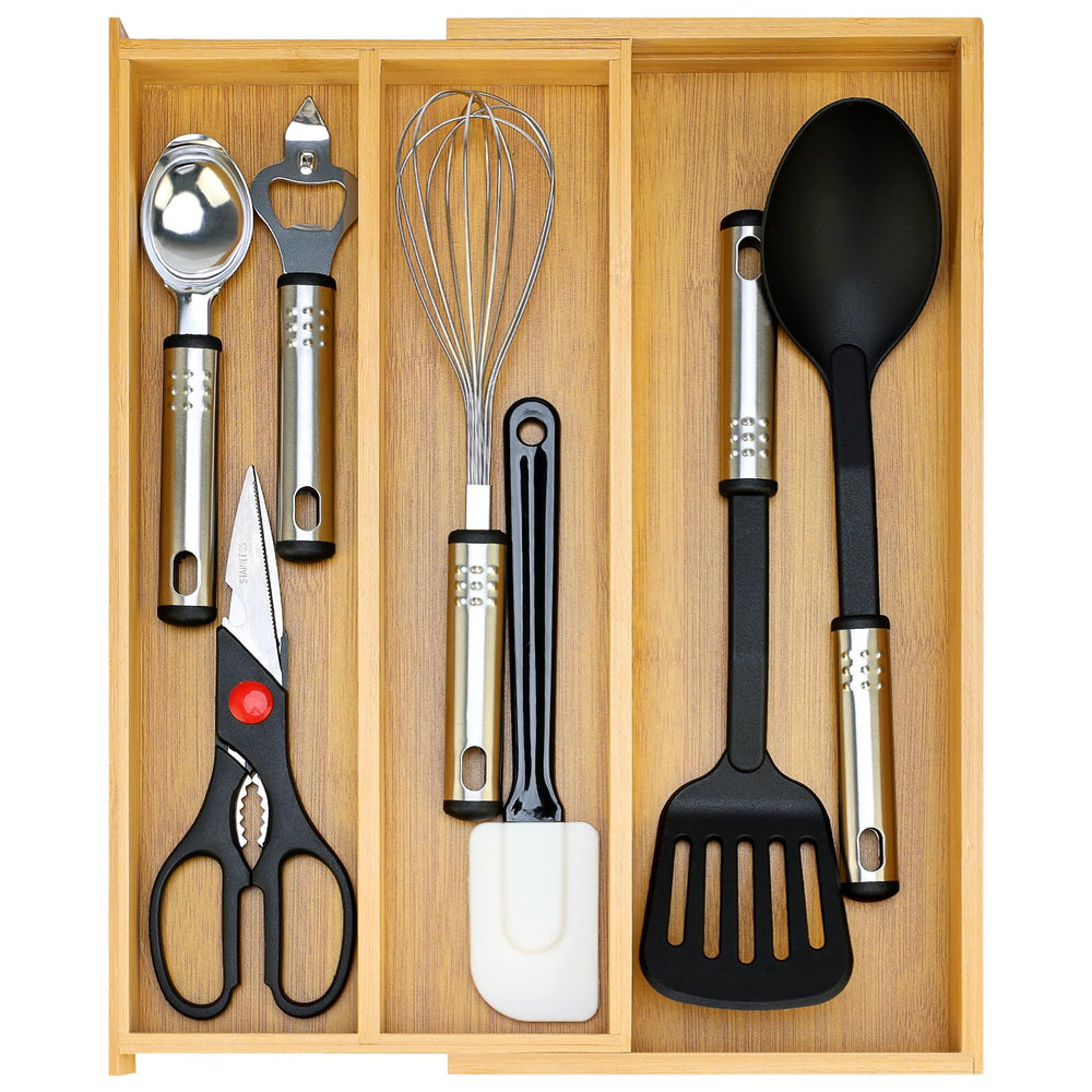 Hilislog bamboo organizer front view showing neat utensil separation and improved access
