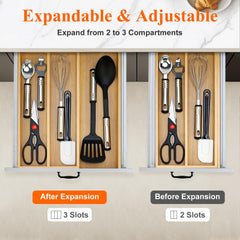 Hilislog organizer installed in kitchen drawer organizing spatulas and spoons efficiently