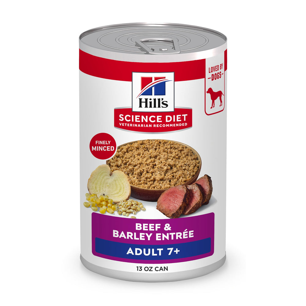 Hill's Science Diet front can showing beef entrée and senior benefit