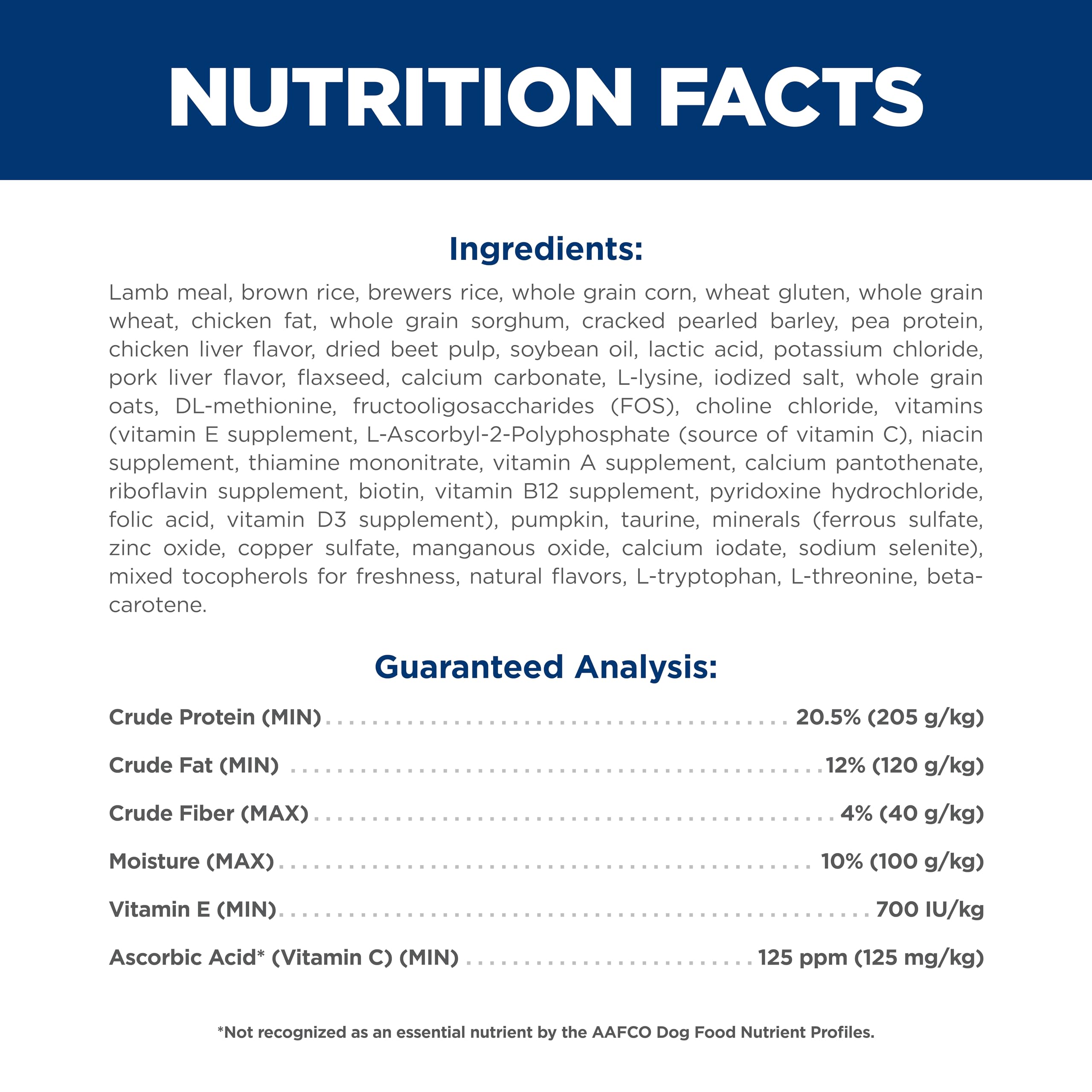 Hill's Science Diet bag label showing nutrients and feeding guide