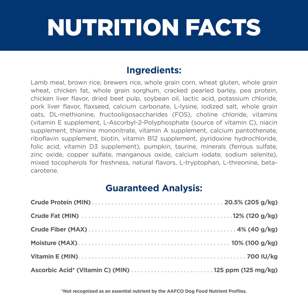 Hill's Science Diet bag label showing nutrients and feeding guide