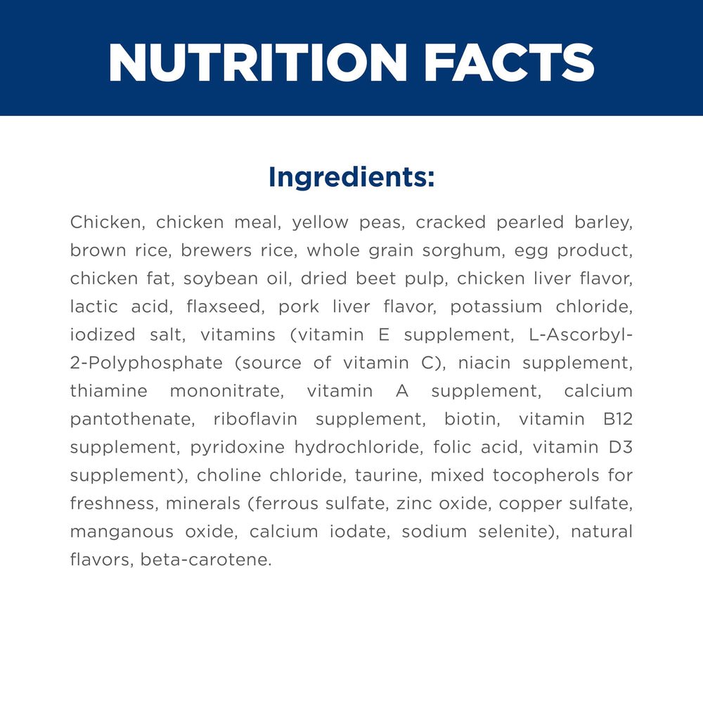 Hill's Science Diet label close-up listing key vitamins and antioxidants benefit