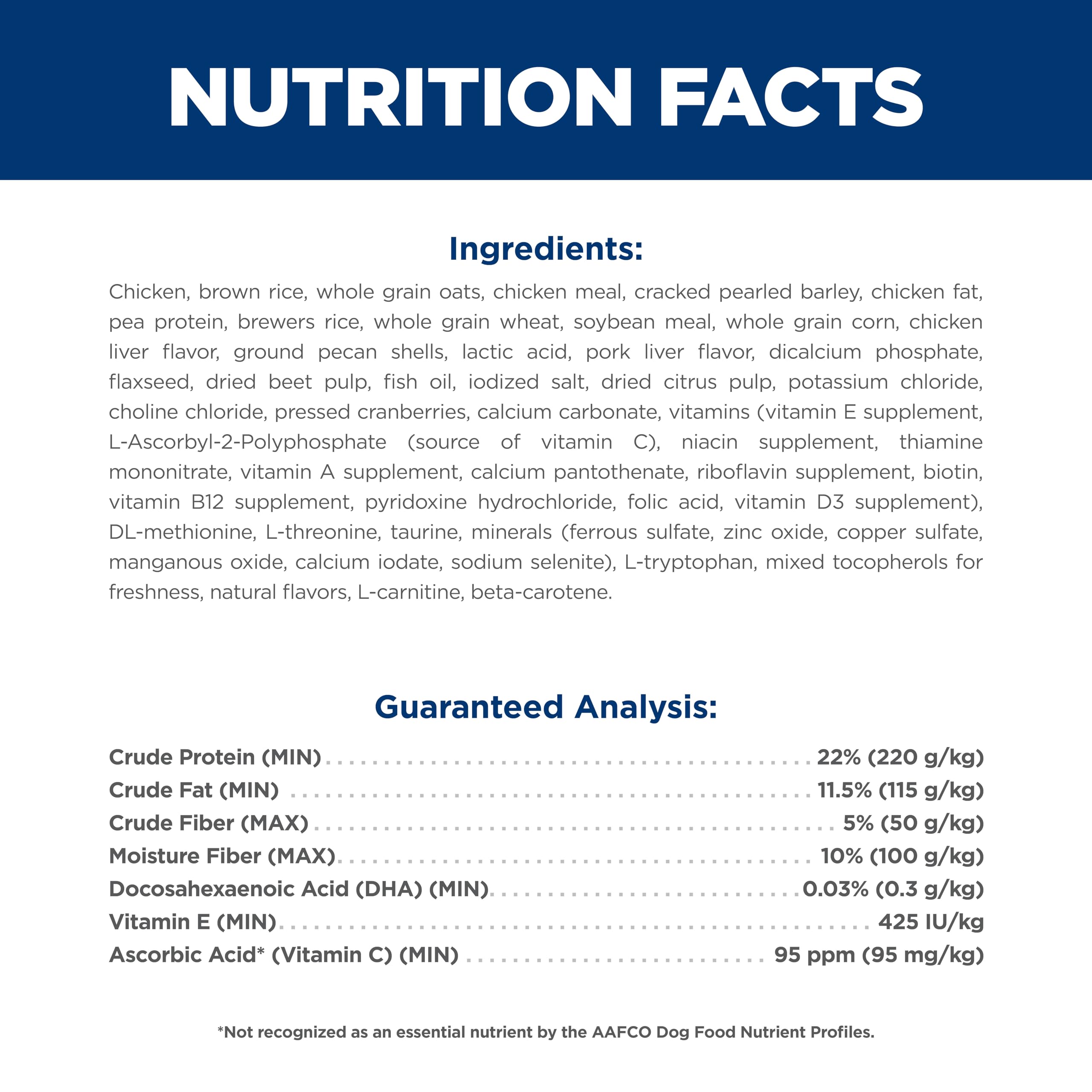 Hill's Science Diet nutrition label close-up showing ingredient facts