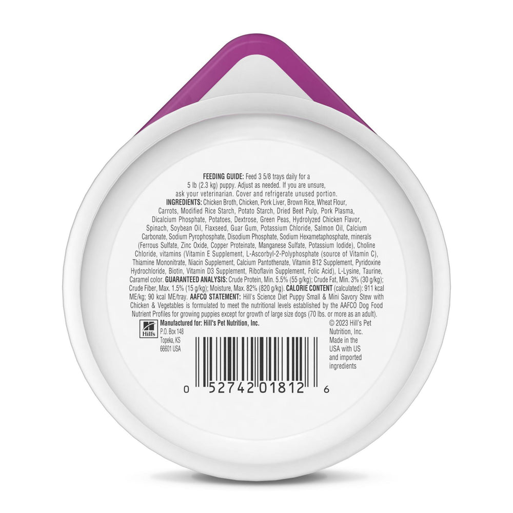 Hill's Science Diet open can with savory chicken and vegetables showing appetizing contents