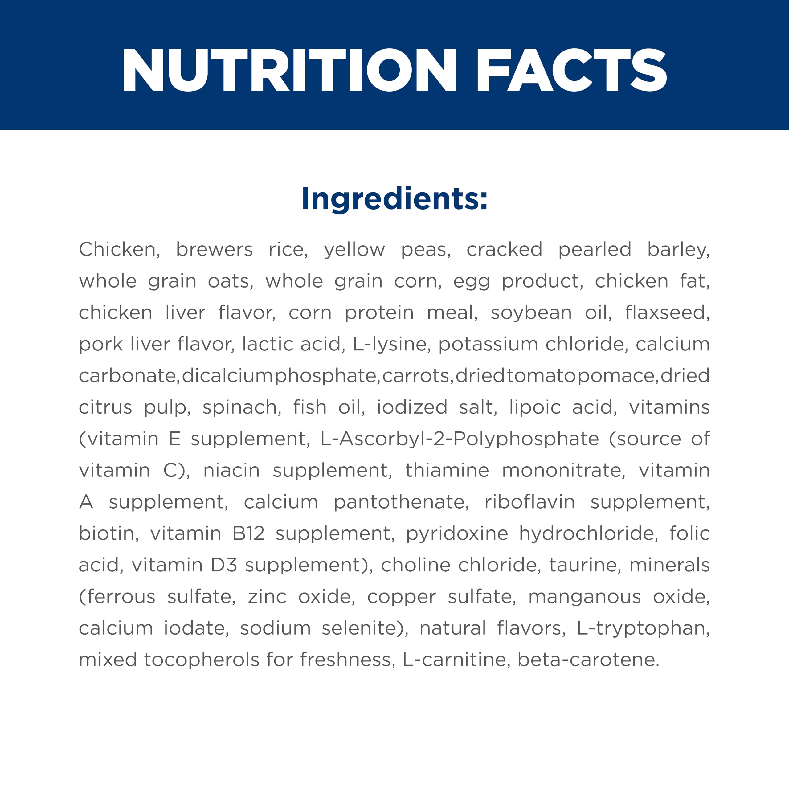 Hill's Science Diet nutrition label close-up showing balanced vitamins and minerals