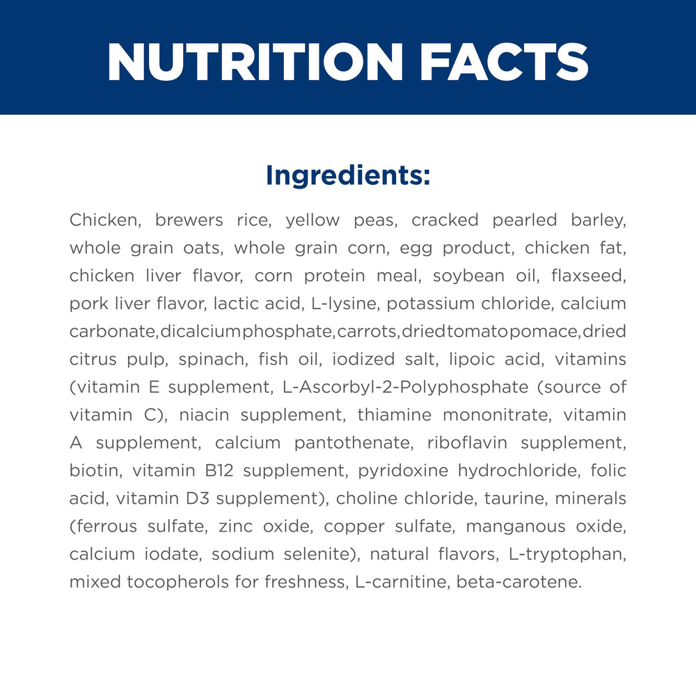 Hill's Science Diet nutrition label close-up showing balanced vitamins and minerals