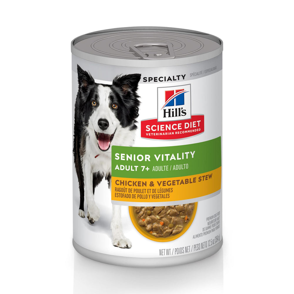 Hill's Science Diet front can showing senior vitality formula and benefits