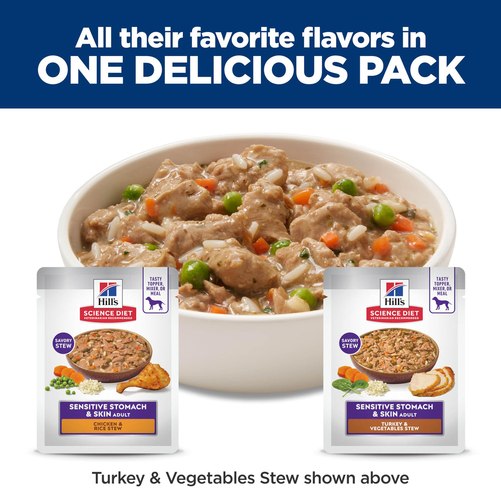 Hill's Science Diet wet food can opened to reveal stew, ready-to-serve convenience