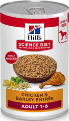 Hill's Science Diet can front view showing Chicken & Barley label and benefit