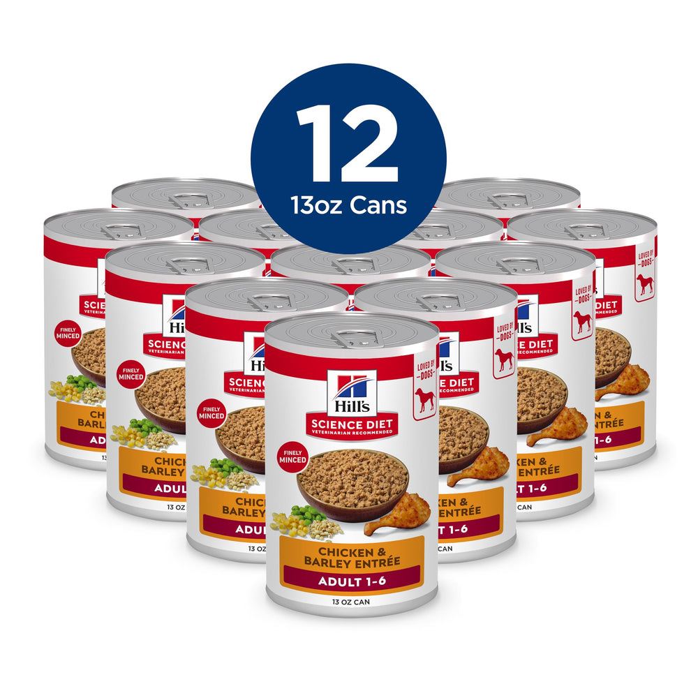 Top-down display of real chicken and barley ingredients with Hill's branding benefits