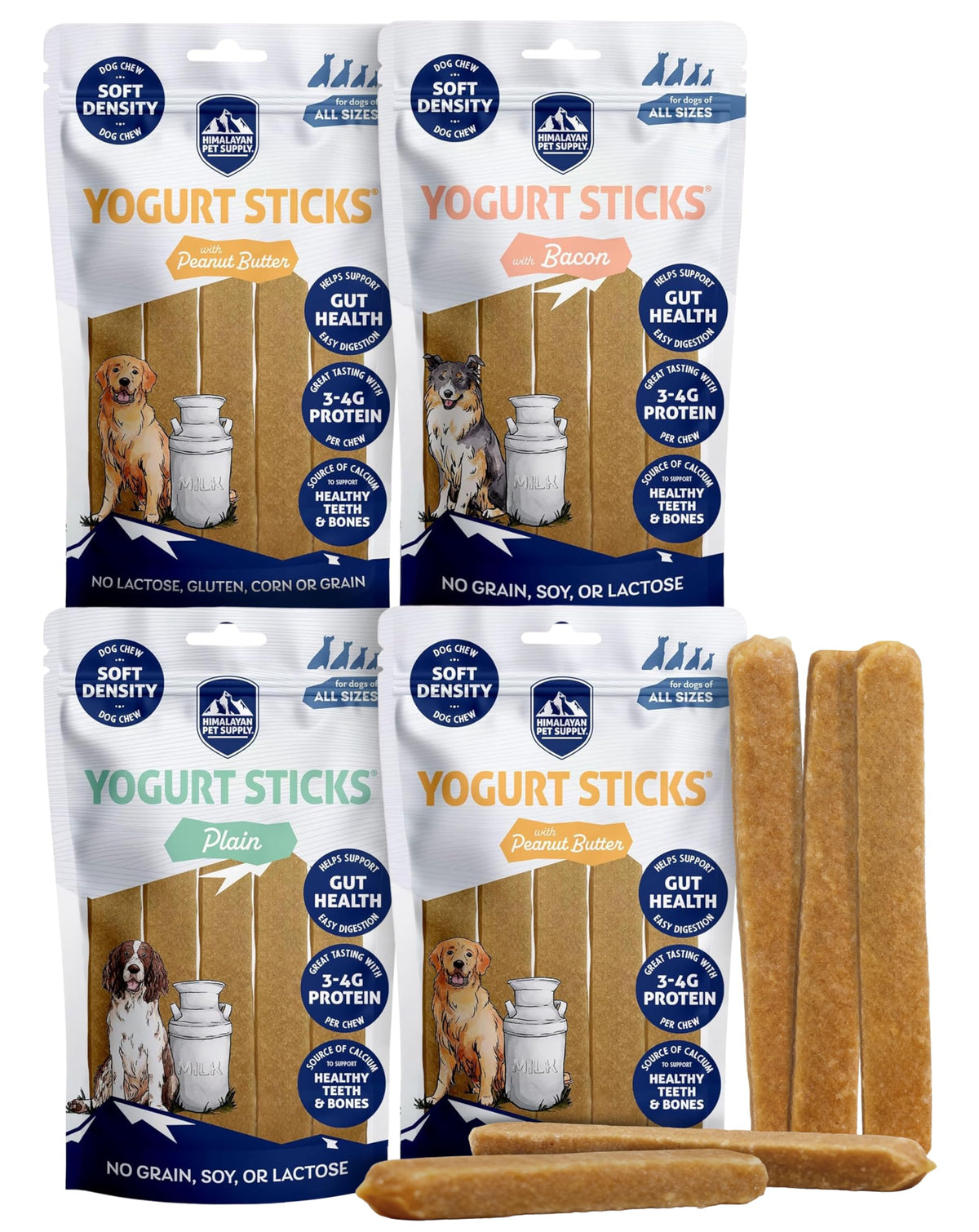 Himalayan Dog Chew front packaging showing 20 probiotic sticks and benefits