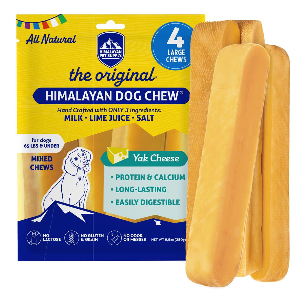 Himalayan Dog Chew front packaging shows natural yak cheese chews and product benefits
