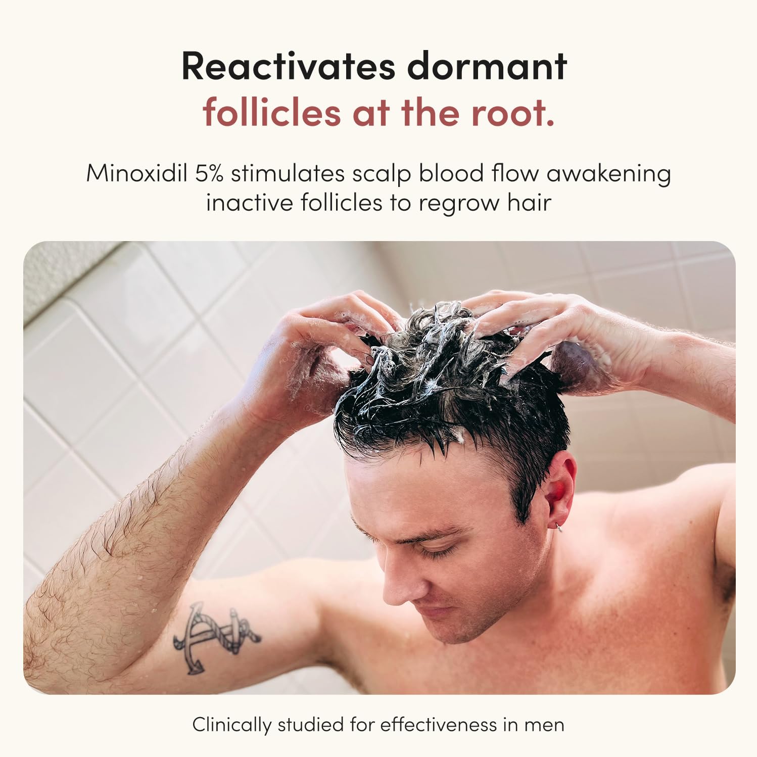 hims foam being applied to scalp demonstrating targeted application benefit