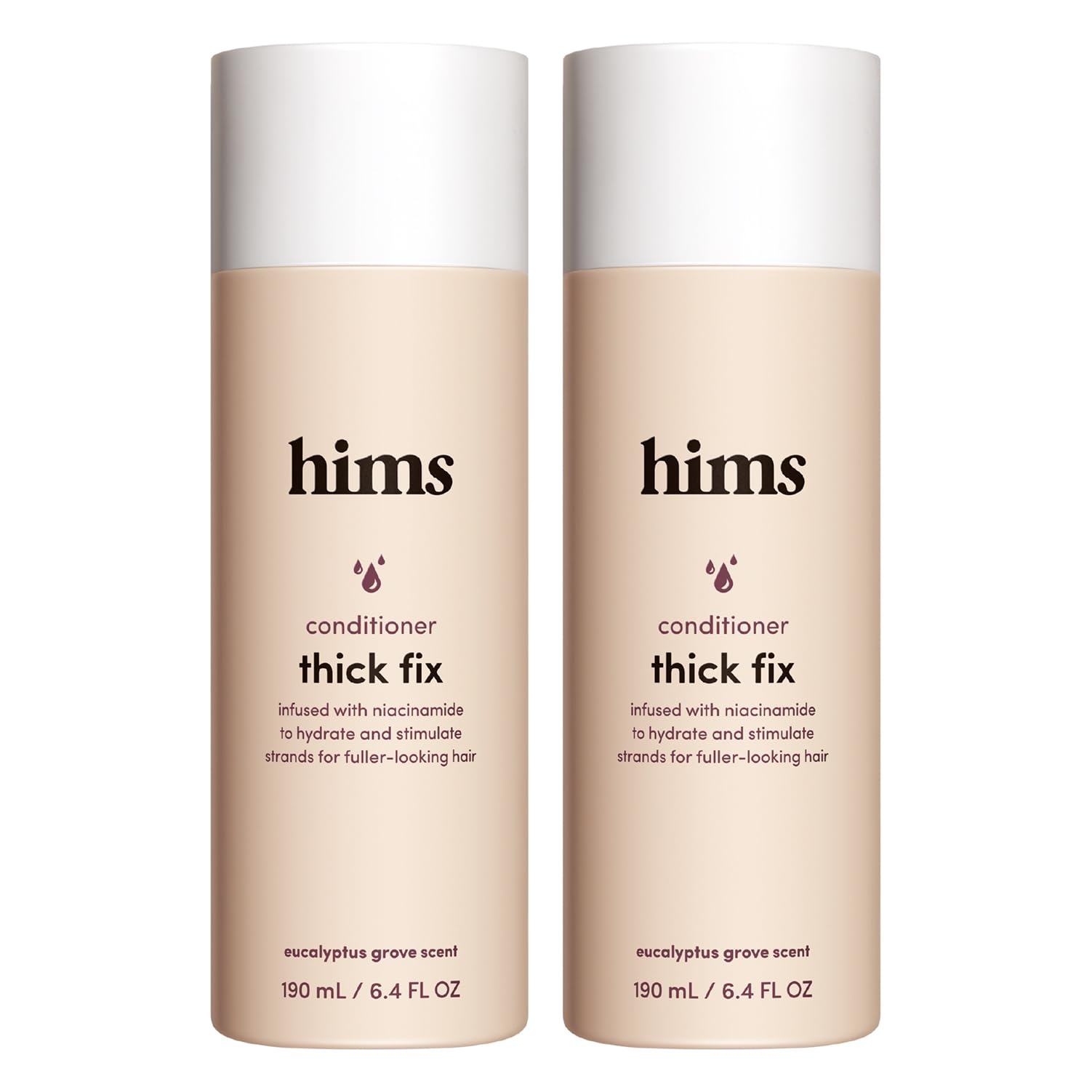 hims front packaging showing two eucalyptus-scent conditioner bottles and benefit of fuller-looking hair