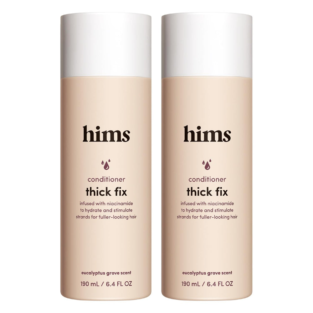 hims front packaging showing two eucalyptus-scent conditioner bottles and benefit of fuller-looking hair