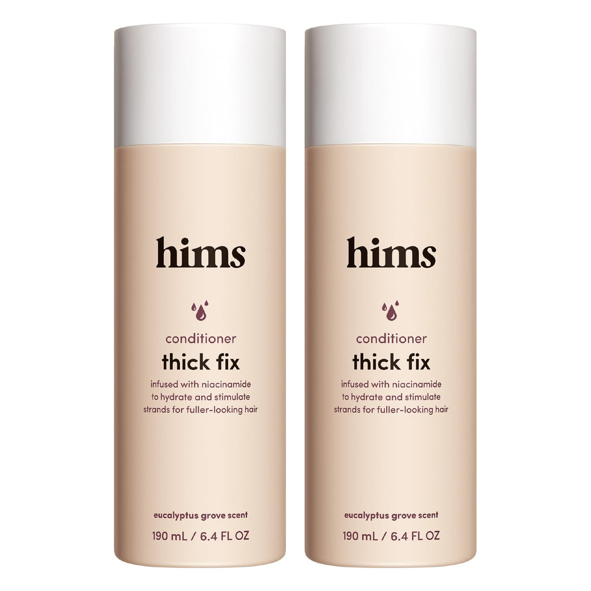 hims front packaging showing two eucalyptus-scent conditioner bottles and benefit of fuller-looking hair