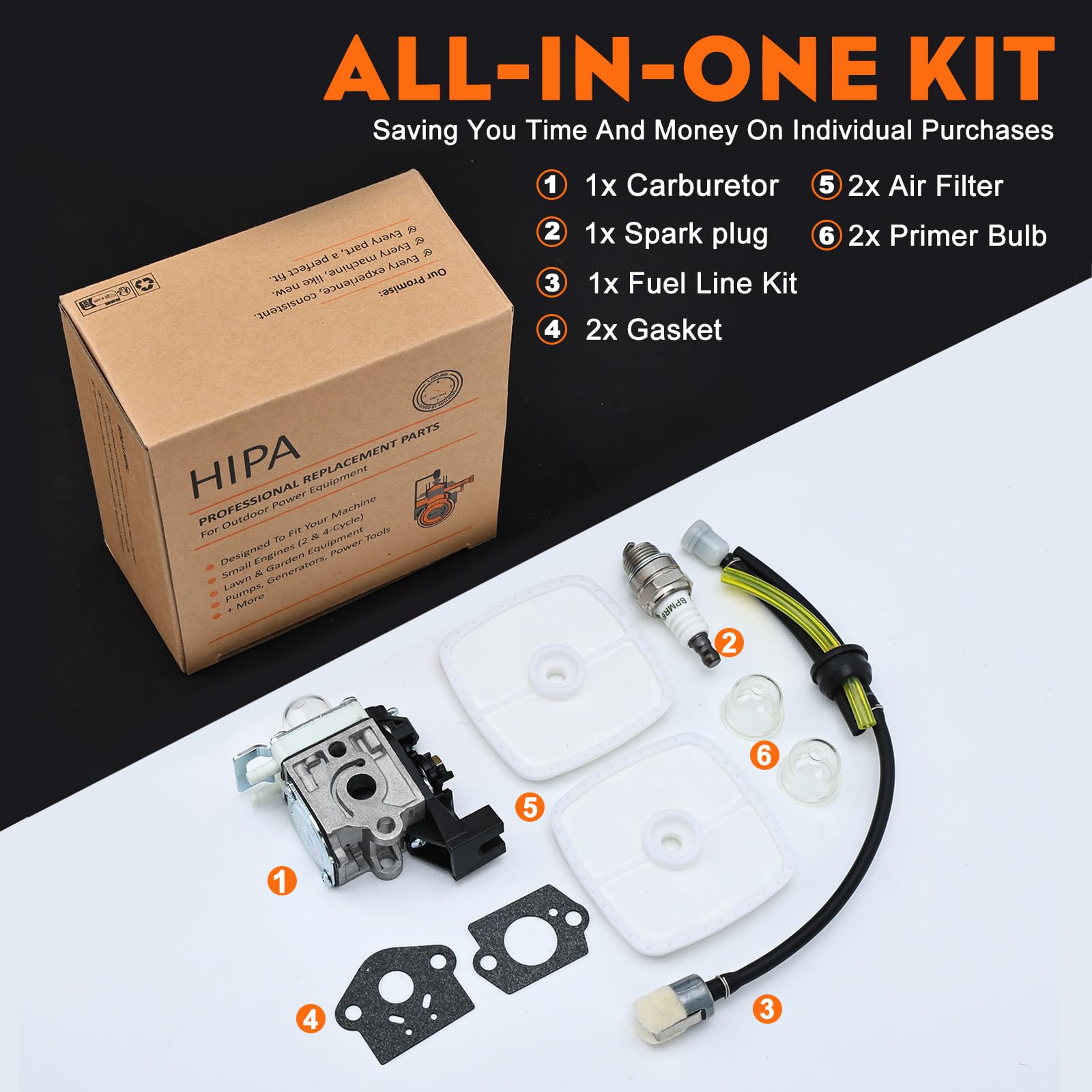 Hipa kit components laid out to show included filters, gaskets and tubing