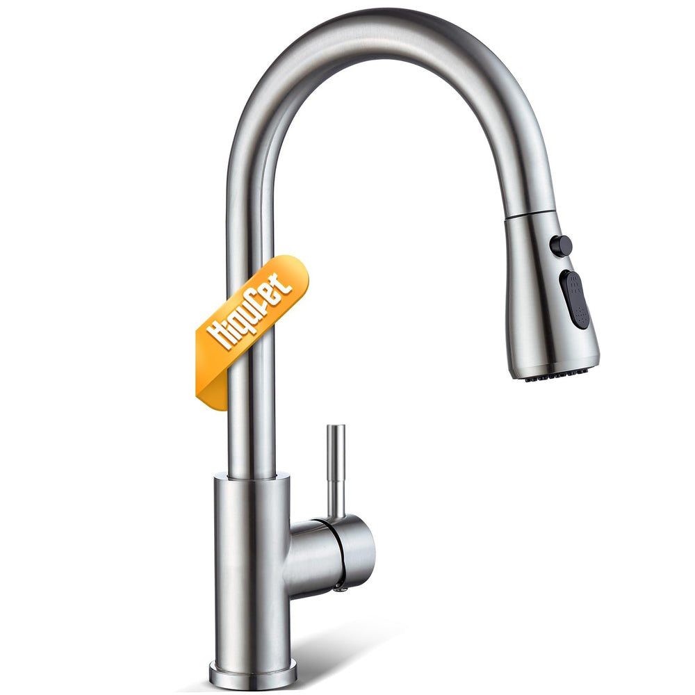 Hiqufet front view showing brushed nickel finish and high-arc spout for versatility