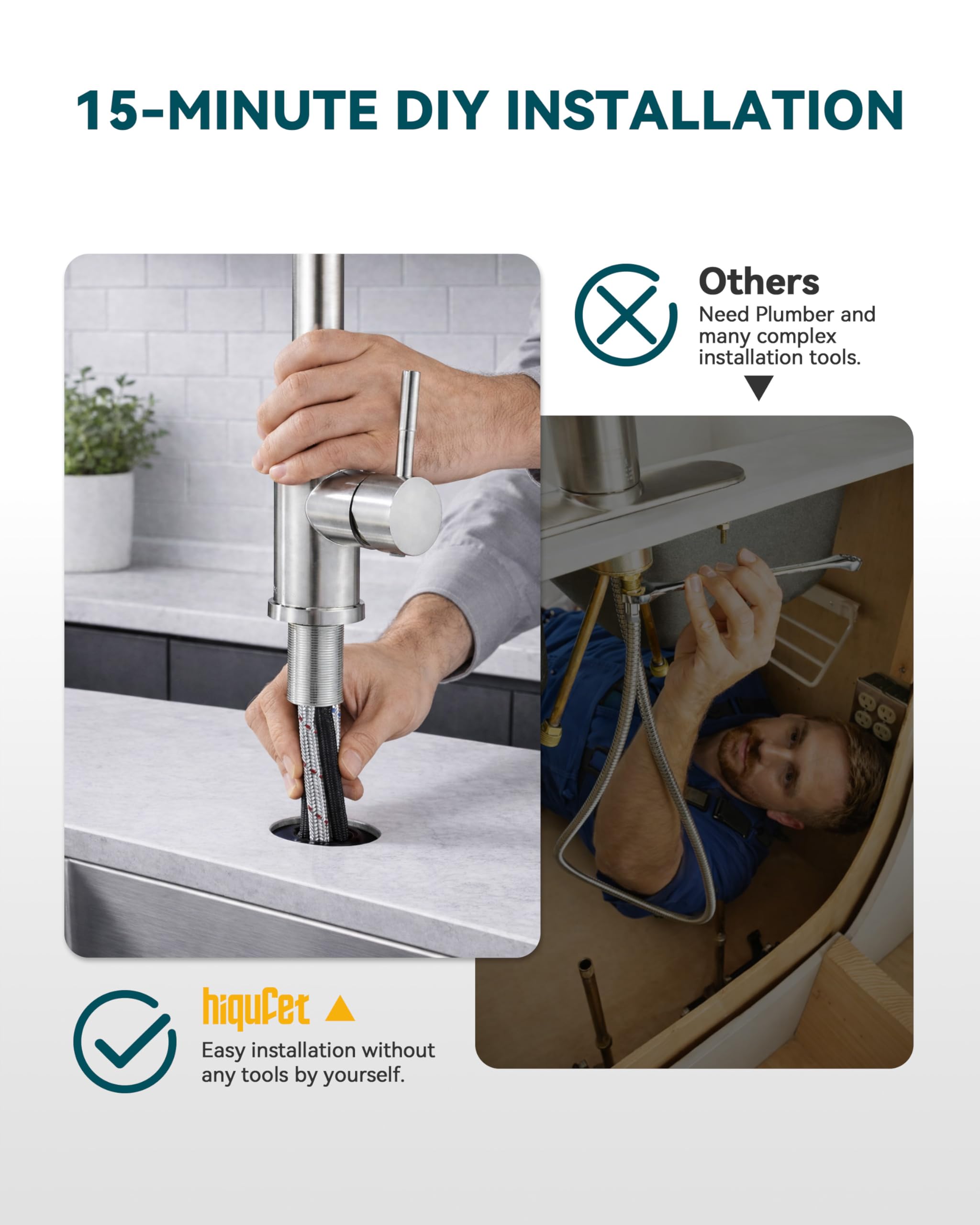 Hiqufet installation hardware and 70mm shank for easy DIY fit on thick counters