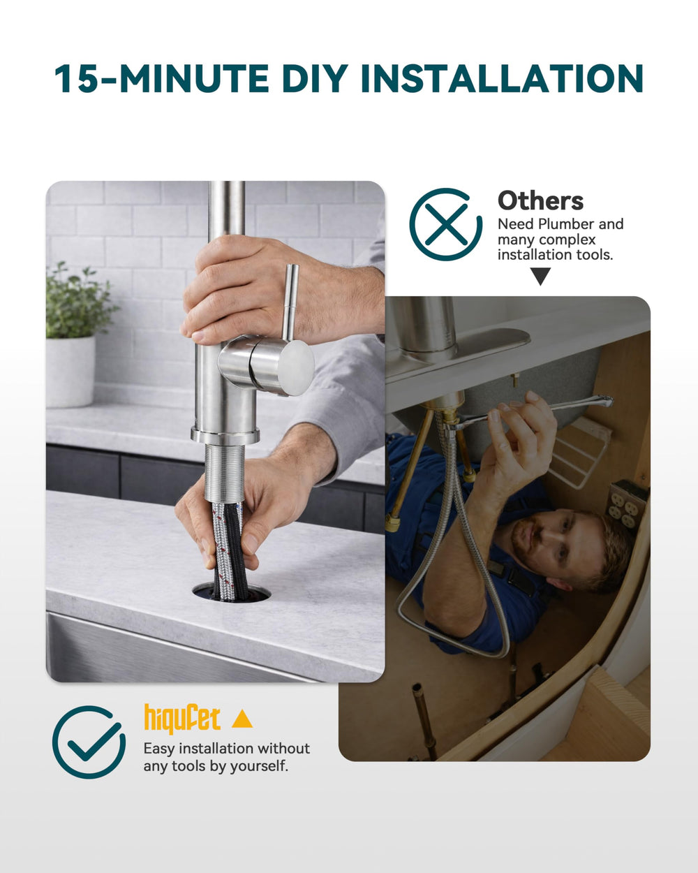 Hiqufet installation hardware and 70mm shank for easy DIY fit on thick counters