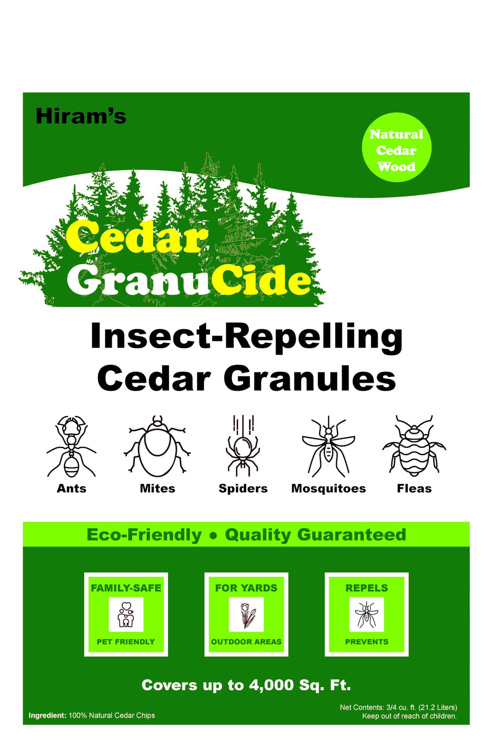 HIRAM'S cedar granules applied around garden bed illustrating pest deterrent and mulch benefit