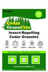 HIRAM'S cedar granules applied around garden bed illustrating pest deterrent and mulch benefit