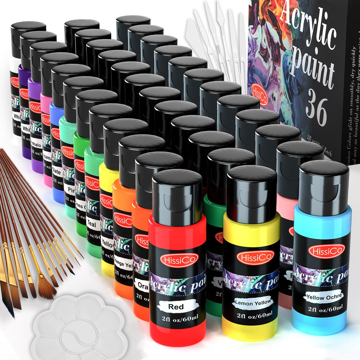 HissiCo front packaging showing 36 color bottles and box, organized for quick access