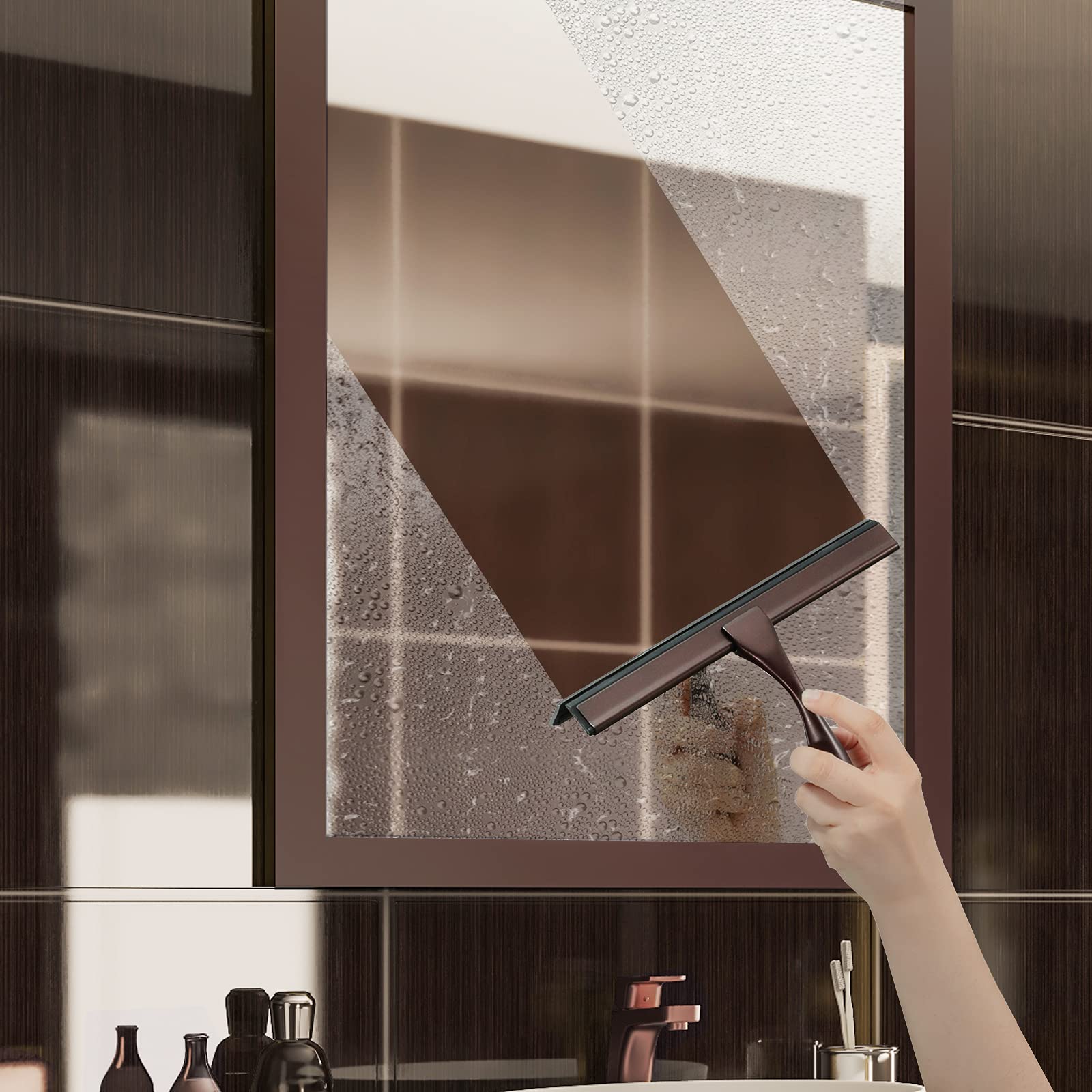 HIWARE squeegee mounted on waterproof adhesive hook in shower for convenient storage