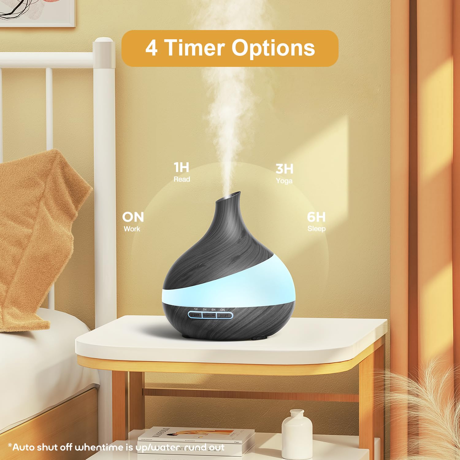 HJTHJT diffuser on bedside table creating a relaxing bedroom atmosphere