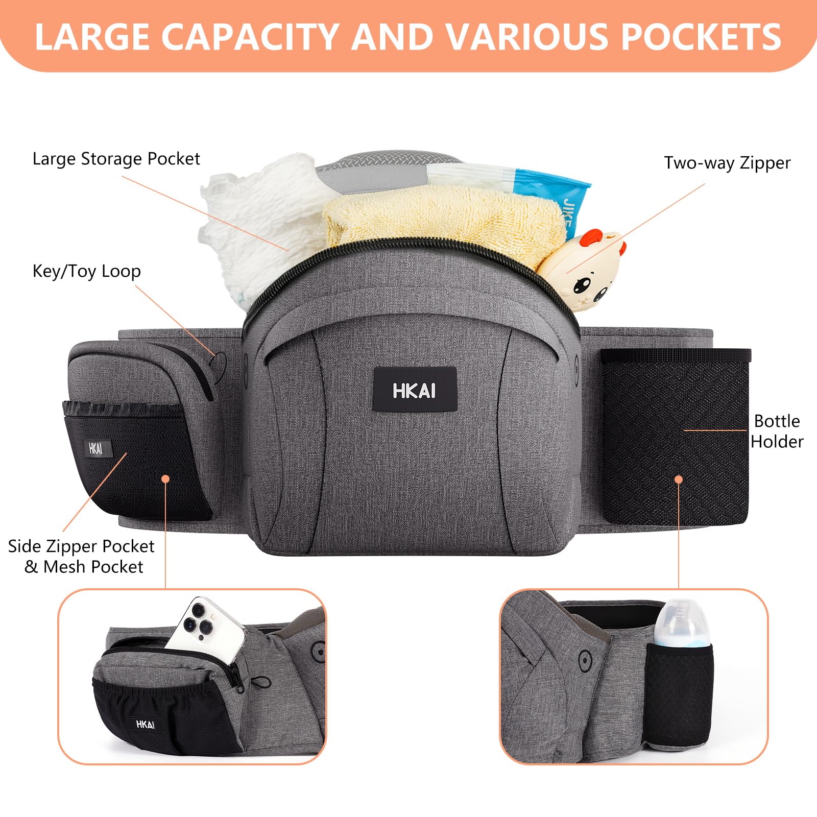 HKAI close-up of hip seat showing firm contour for baby support