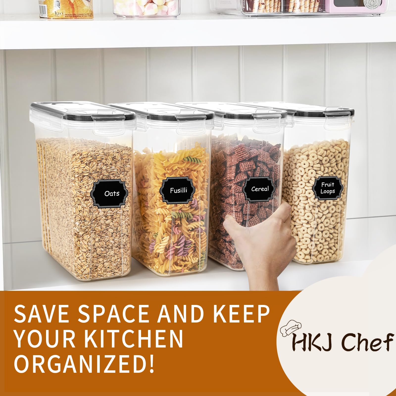 HKJ Chef organized pantry shelf with containers saving space and showing contents