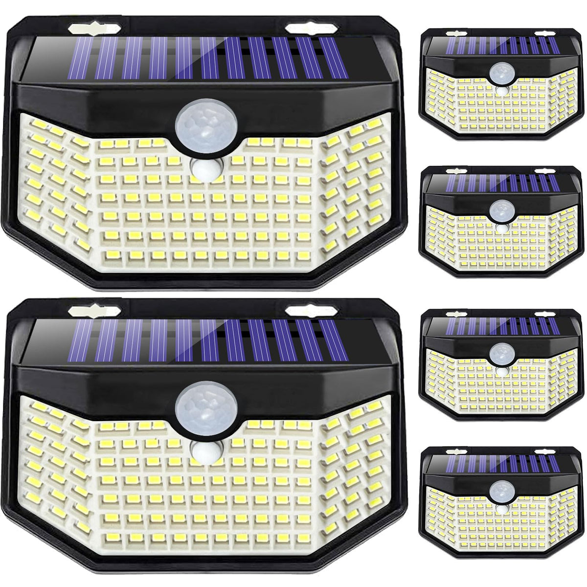 HMCITY front view of six solar LED wall lights showing coverage and easy install benefit