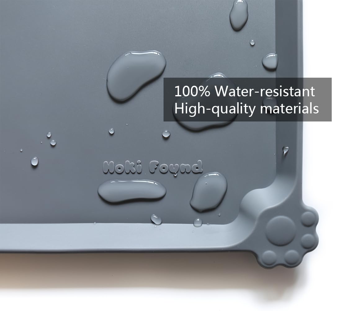 Hoki Found mat in use with dog bowl illustrating spill containment benefit