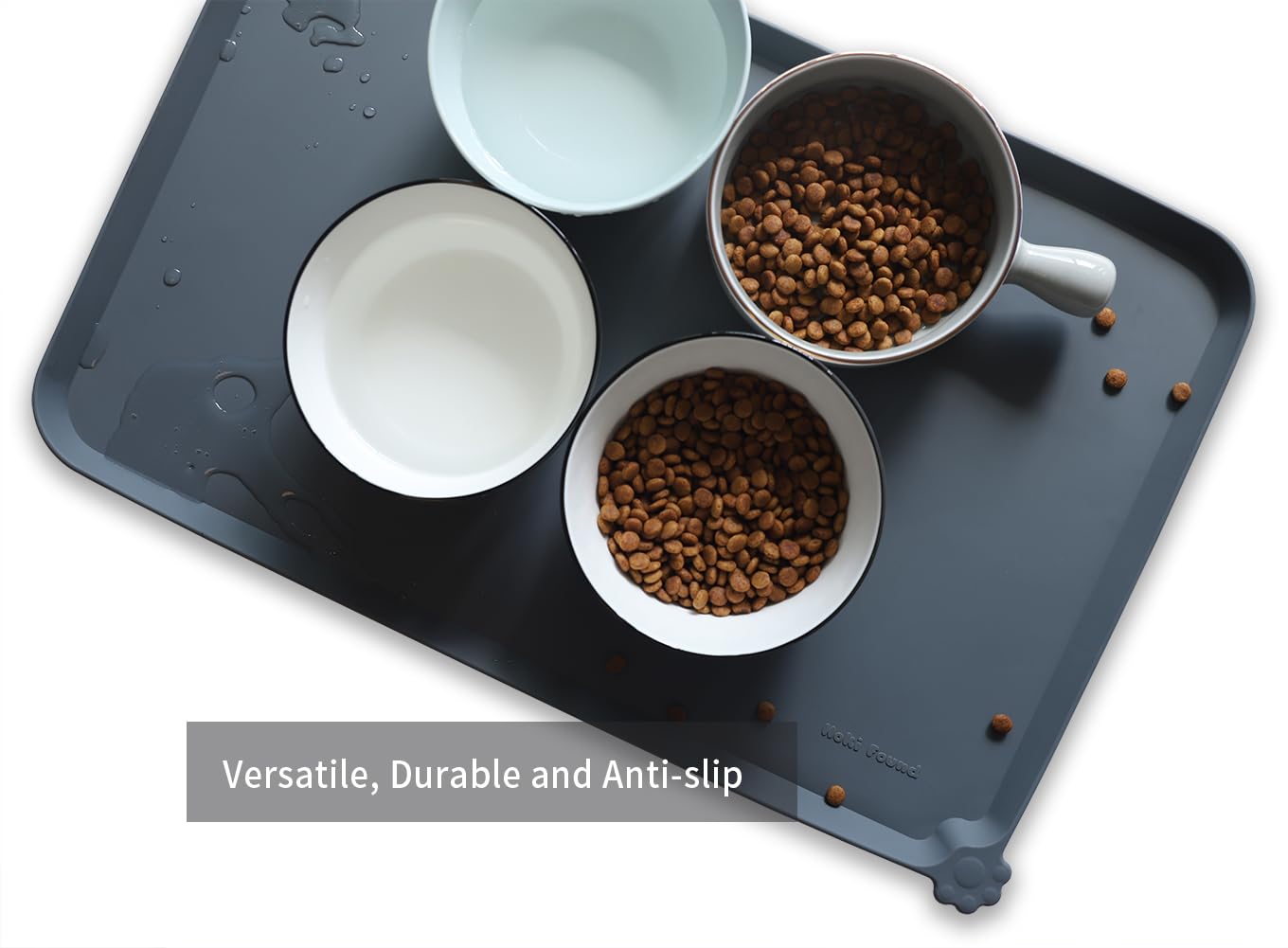 Hoki Found mat beside bowls for scale demonstrating roomy 22 by 14 size